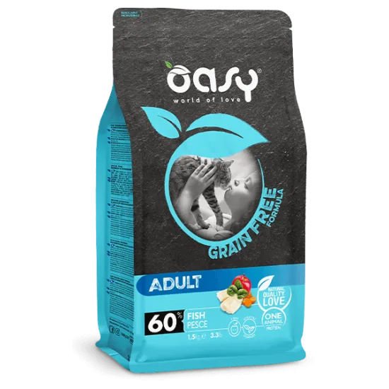 Oasy Dry Cat Grain Free Adult - Премиум суха храна за израснали котки, без зърно, с риба, плодове и зеленчуци, 1.5 кг.