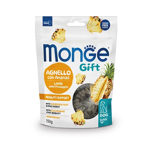 Monge Gift Super M Mobility Support – Монопротеинови хапки, лакомство за кучета за грижа за ставите с агнешко и ананас, 150 гр. 1