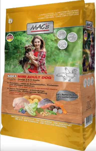 Mac's Soft Mini Chicken Salmon Adult - Пълноценна полувлажна храна за израснали кучета от дребни породи с пилешко и сьомга, 1.5 кг.