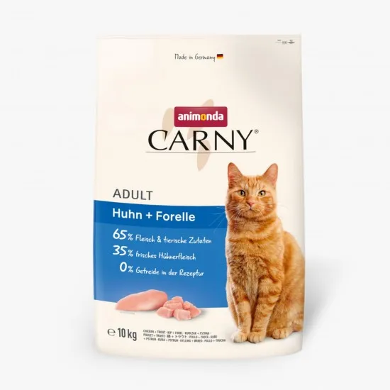Animonda Carny Dry Food Adult With Chicken + Trout - Пълноценна суха храна за израснали котки с пилешко месо и пъстърва, 10 кг.