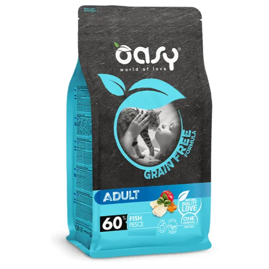Oasy Dry Cat Grain Free Adult - Премиум суха храна за израснали котки, без зърно, с риба, плодове и зеленчуци, 7.5 кг.