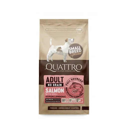 Quattro Adult - Пълноценна суха храна за израснали кучета над 1 година с месо от сьомга и крил, 7 кг.