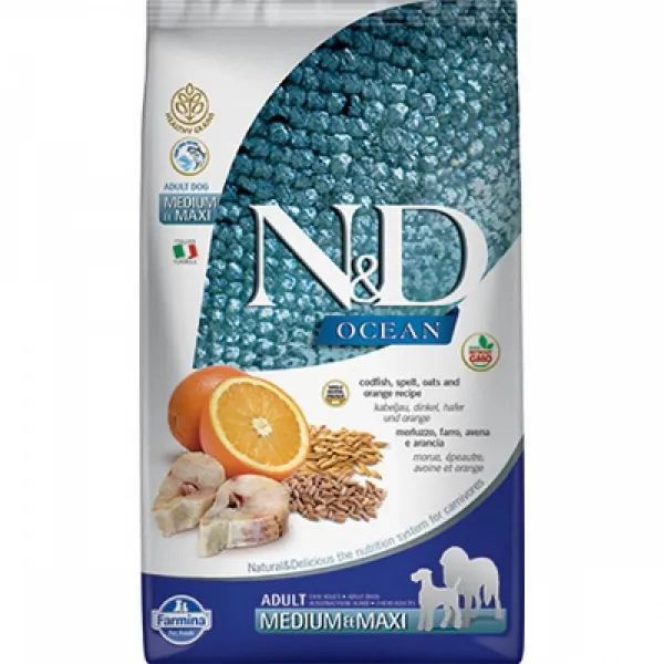 N&D Ocean Ancestral Low Grain Dog Codfish & Orange Adult Medium / Maxi - Пълноценна суха храна за израснали кучета от средни породи с прясна риба треска, спанак и портокали, 12 кг.