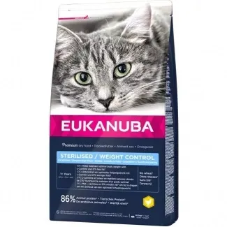 Eukanuba Cat Sterilized - Пълноценна и балансирана храна за кастрирани котки и котки с наднормено тегло с пилешко и пуешко месо, 400 гр.