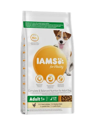 Iams Dog Small/Medium - Пълноценна суха храна за израснали кучета от дребни и средни породи с пилешко месо, 12 кг.