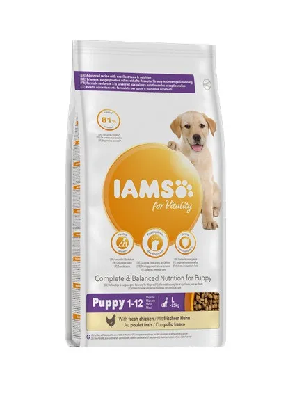 Iams Dog Puppy Large - Пълноценна суха храна за подрастващи кучета от едри породи с пилешко месо, 12 кг.