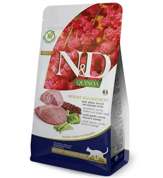 N&D Quinoa Weight Management Lamb Broccoli – Пълноценна суха храна с киноа за котки над една година, за контрол на теглото с агнешко, броколи и аспержи 5 кг.