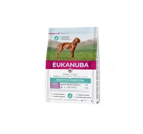 Eukanuba daily Care Puppy Sensitive Dog - Пълноценна суха храна за подрастващи кучета с чувствителен стомах с пилешко и пуешко месо, 12 кг.