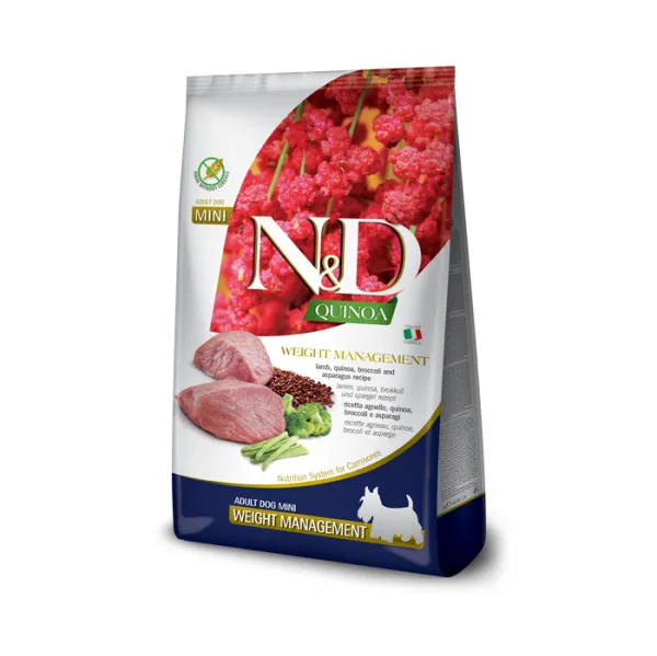N&D Quinoa Dog Weight Management Lamb Adult Mini - Пълноценна суха храна за израснали кучета от малки и дребни породи,  с наднормено или с тенденция за натрупване на тегло , с агнешко месо, 800 гр.