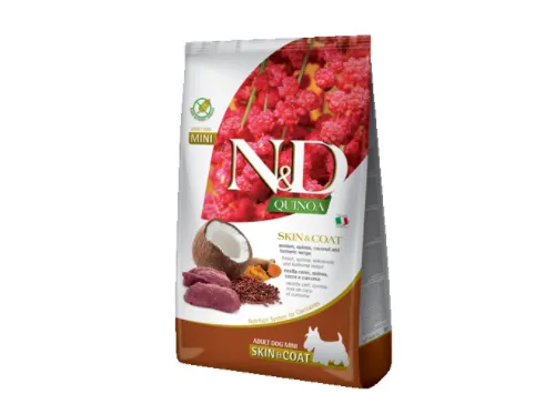 N&D Quinoa Skin & Coat - Пълноценна суха храна за израснали кучета за здрава кожа и козина, с еленско месо,киноа, кокос и куркума, 800 гр.
