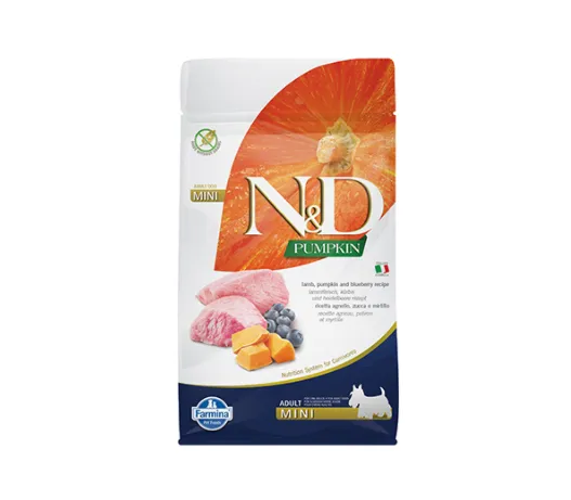 N&D Pumpkin Mini Adult Lamb & Blueberry - Пълноценна храна за кучета от дребни породи в зряла възраст с агнешко, тиква и боровинки. без зърно, 800 гр.