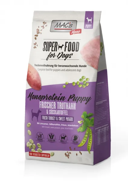 Mac's  Super Food - Премиум суха храна, монопротеин пуйка - суха храна за подрастващи кучета податливи на алергии, 750 гр.