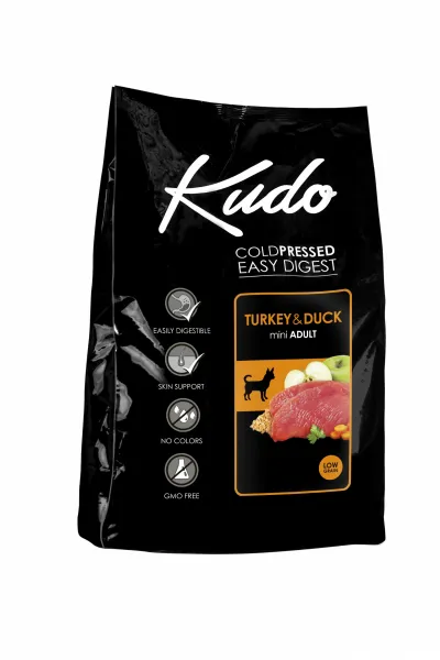 Kudo Low Grain Turkey/Duck Mini Adult - Пълноценна суха храна за кучета от дребни породи над 1 година,с патешко,пуешко и пилешко месо, 3 кг.
