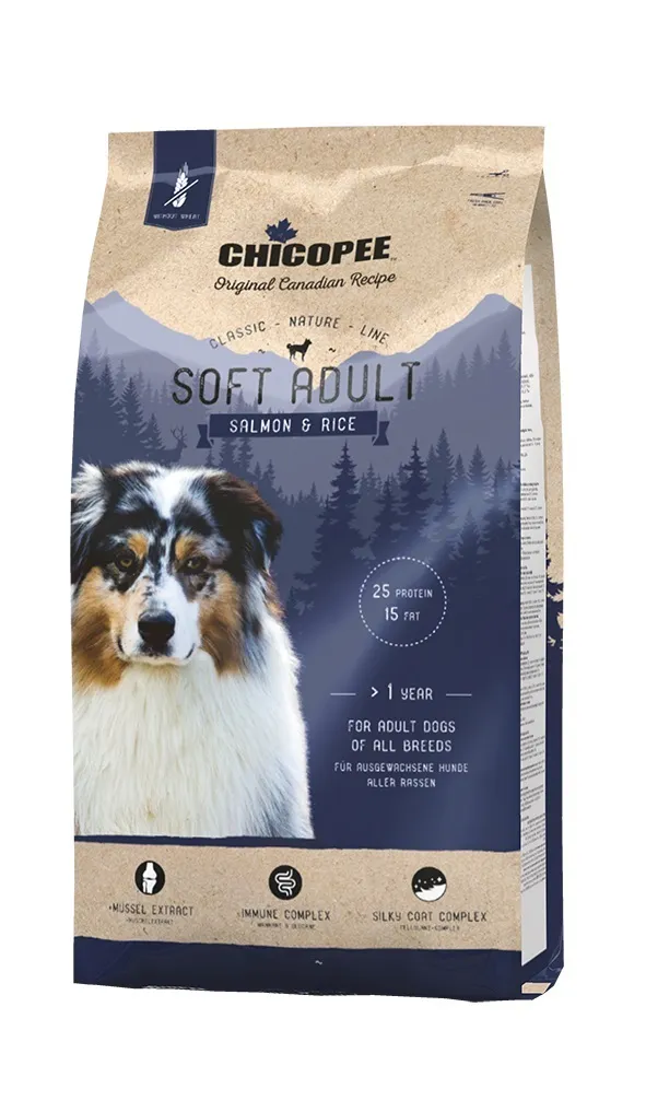 Chicopee Classic Nature Soft Adult-Храна за кучета над 12 месеца,полувлажна, мека със сьомга и ориз 15 кг.