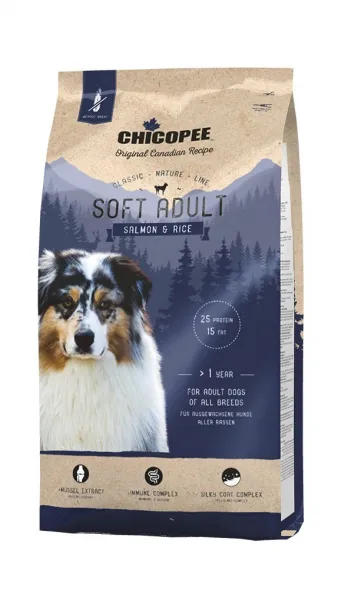Chicopee Classic Nature Soft Adult-Храна за кучета над 12 месеца,полувлажна, мека със сьомга и ориз 2 кг