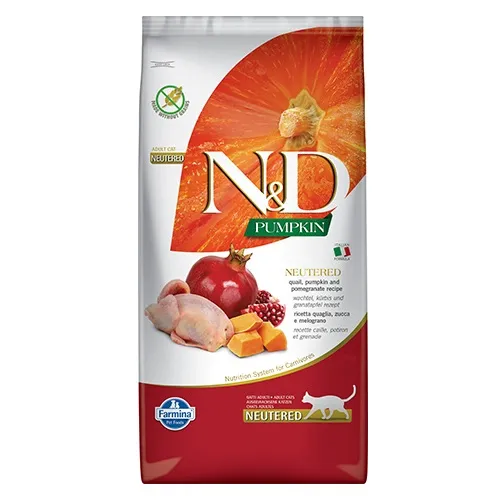 Farmina N&D Pumpkin Quail&Pomegranate Neutered - пълноценна храна за кастрирани котки с пъдпъдък, тиква и нар; без зърно 5.00 кг