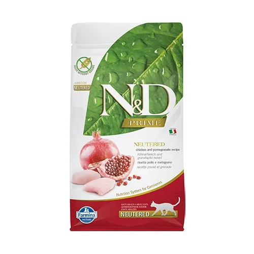 N&D Prime Adult Neutered Chicken & Pomegranate - храна за кастрирани котки в зряла възраст над 1 г. с пилешко месо и нар; без зърно 1.500 кг