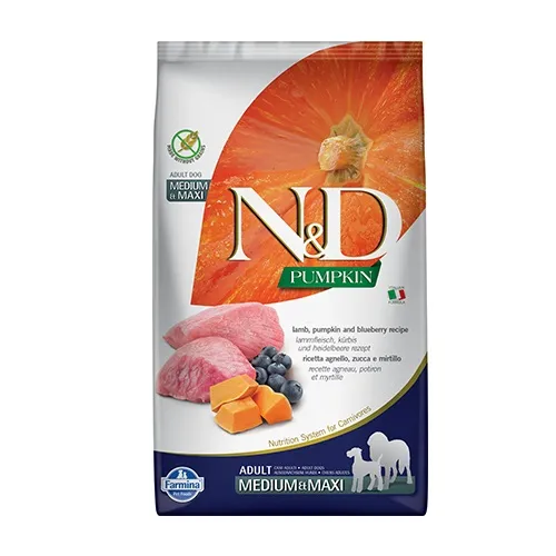 Farmina N&D Pumpkin Medium/Maxi Adult Lamb & Blueberry - храна за кучета в зряла възраст от средни и едри породи с агнешко, тиква и боровинки; без зърно 2.500 кг