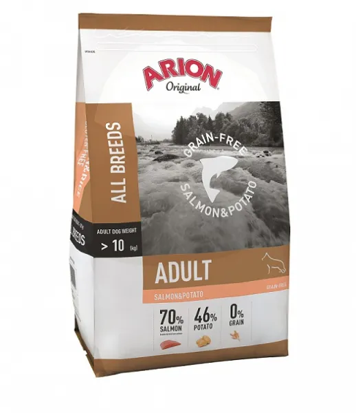 Arion Original Adult All Breeds Grain Free Salmon & Potato - Пълноценна суха храна за израснали кучета над 1 година със сьомга и картофи, 12 кг.