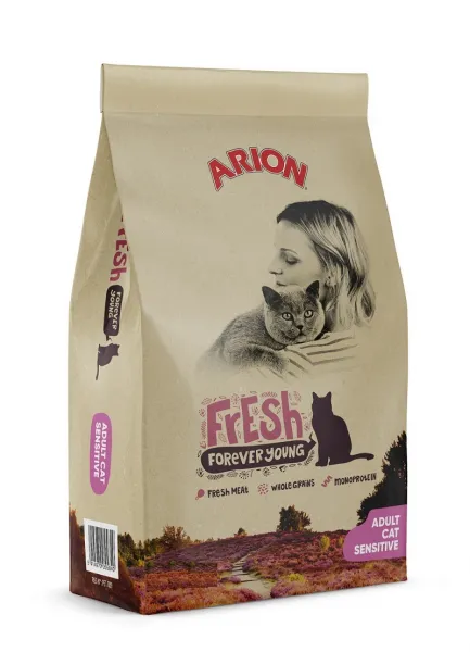 Arion Fresh Cat Sensitive - Пълноценна суха храна за израснали котки с чувствителен стомах, с пилешко месо, 12 кг.