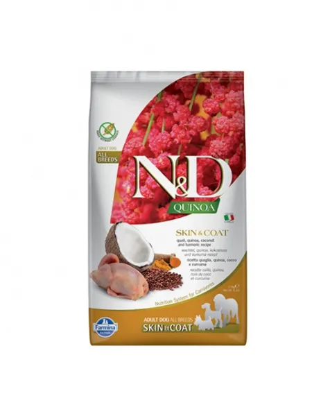 N&D Dog Quinoa Skin & Coat Quail - Премиум пълноценна суха храна за израснали кучета от всички породи с чувствителна кожа и козина, с пъдпъдъче месо, киноа,кокос и куркума, 800 гр. 1