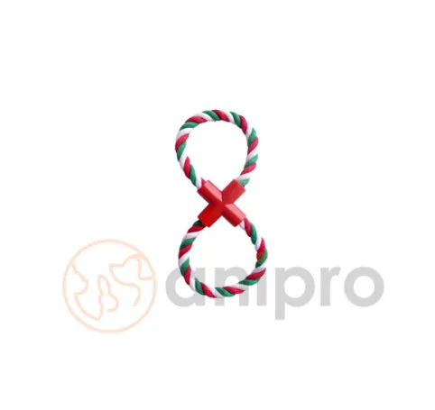 Anipro Play - Въжена играчка за кучета, осмица бяло/зелено/червено 28 см, 110-120 гр.