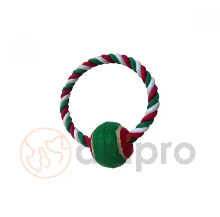 Anipro Play - Въжена играчка за кучета  във форма на кръг с топка, бяло/зелено/червено 18 см, 125-135 гр.