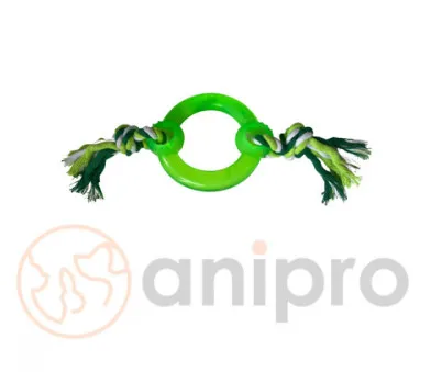 Anipro Play - Въжена играчка за кучета с PVC кръг и 2 възела, бяло/зелено 30 см, 115-125 гр.