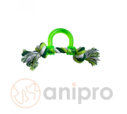 Anipro Play - Въжена играчка за кучета с PVC детайл и 2 възела, бяло/зелено 30 см, 150-160 гр.