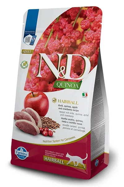N&D Quinoa Hairball with Duck & Cranberry , Cat Adult – Пълноценна суха храна без зърнени култури против космени топки, за котки над 1 година, с патешко, киноа, ябълка и червени боровинки, 300 гр.