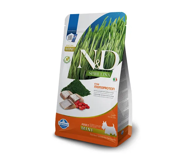 N&D Spirulina Dog HERRING & WOLFBERRY Adult MINI - Пълноценна храна със спирулина за кучета над 1г. от дребните породи, с херинга и годжи бери, монопротеин, 2 кг.