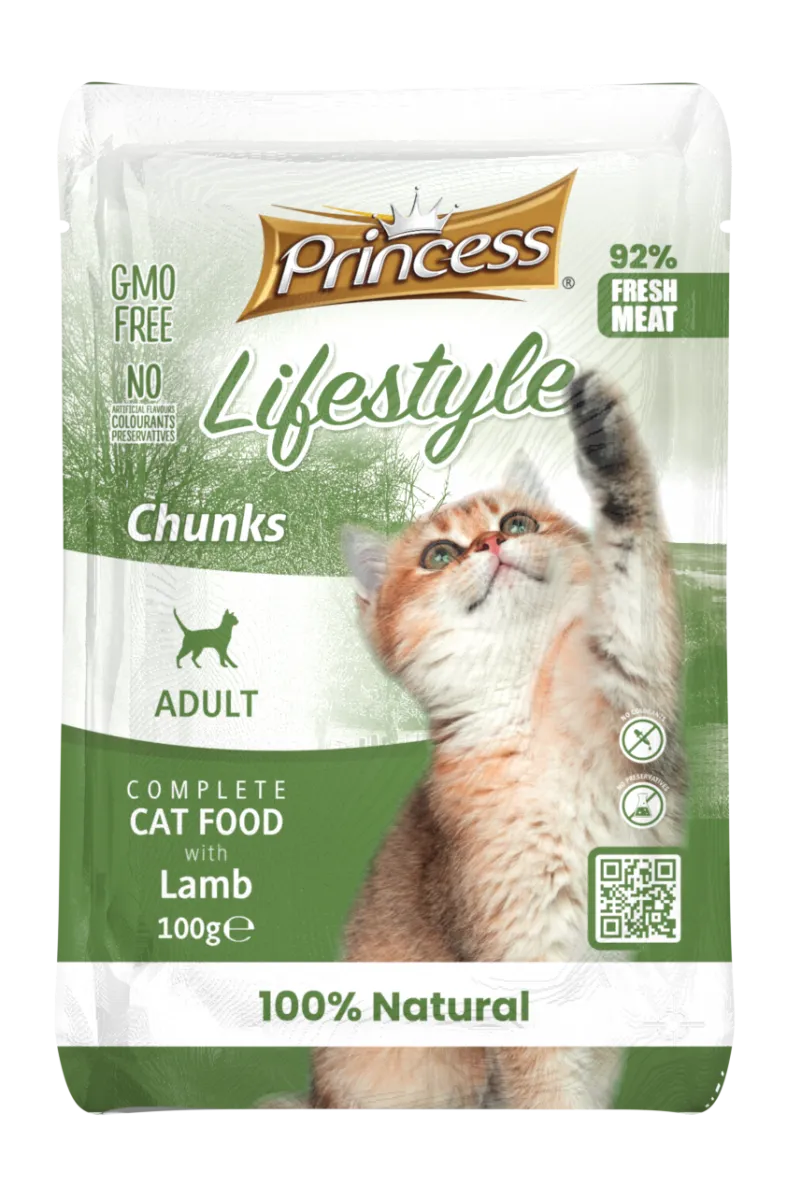 Princess - Пауч за израснали котки, вкусни хапки с агнешко месо, 22 броя в стек
