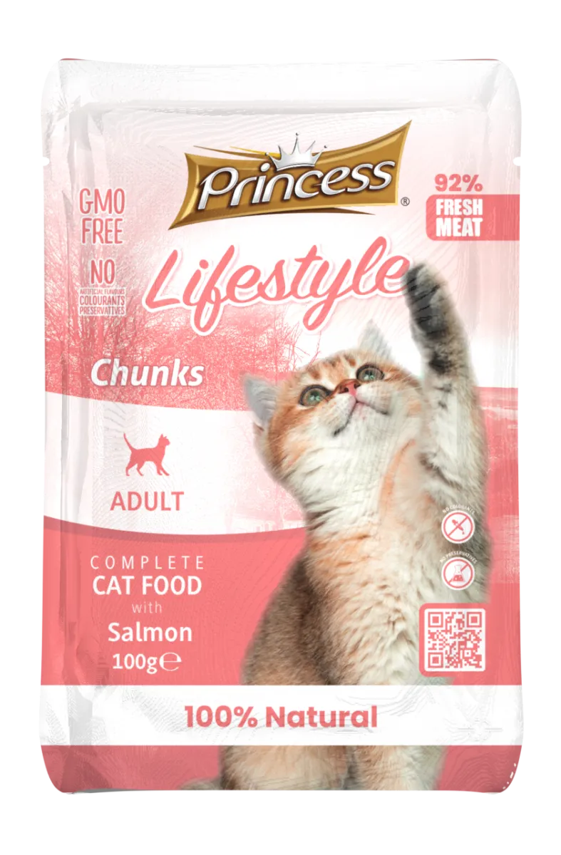 Princess - Пауч за израснали котки, вкусни хапки със сьомга, 22 броя в стек