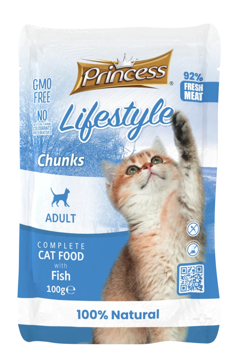 Princess - Пауч за израснали котки, вкусни хапки с два вида риба, 22 броя в стек
