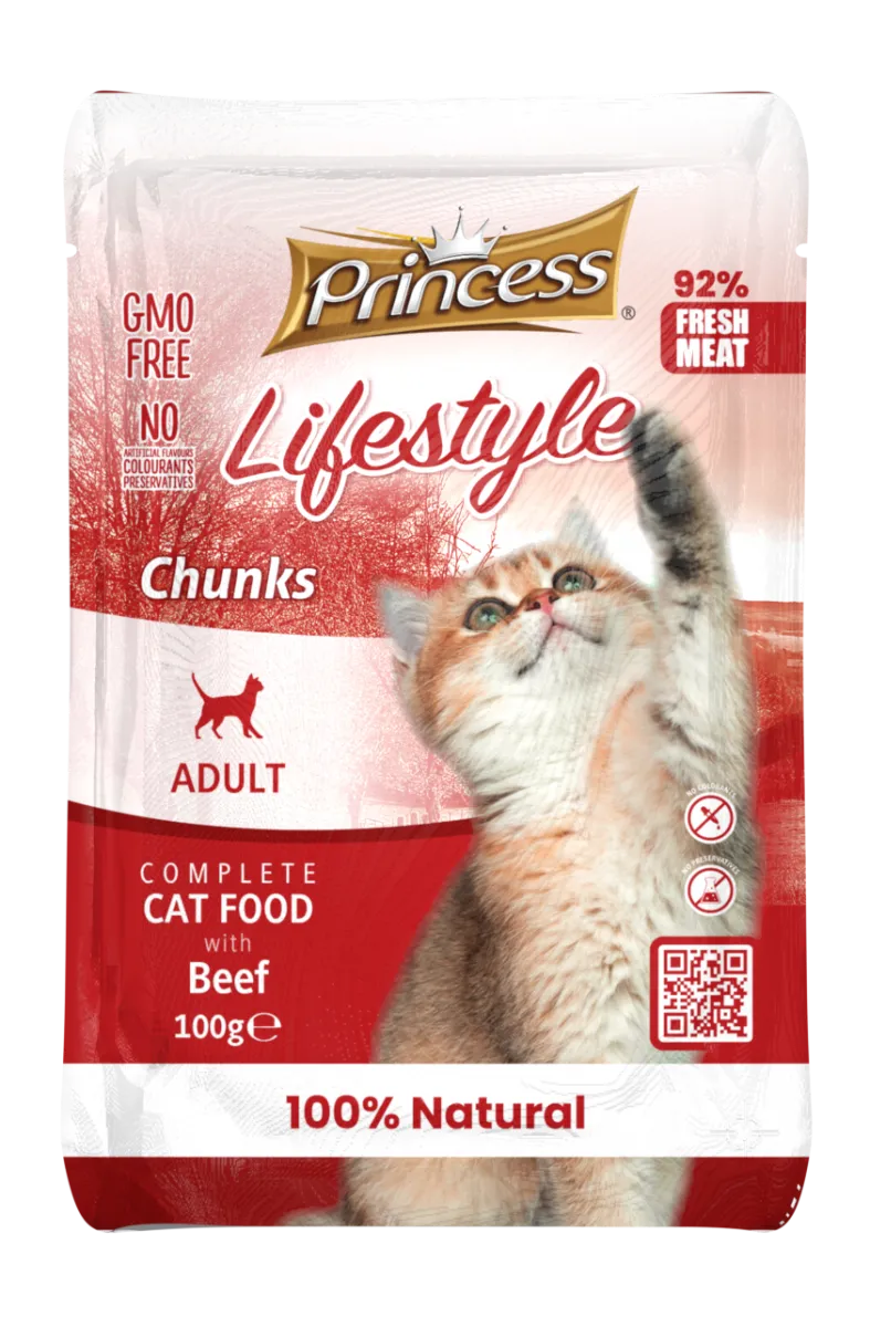Princess - Пауч за израснали котки с говеждоо месо, 22 броя в стек