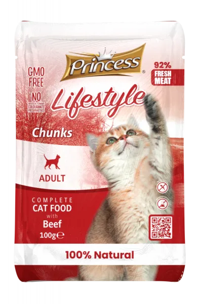 Princess - Пауч за израснали котки с говеждоо месо, 22 броя в стек