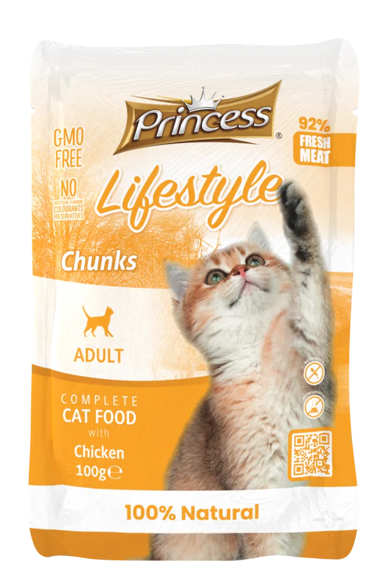 Princess - Пауч за израснали котки, вкусни хапки с пилешко месо, 22 броя в стек