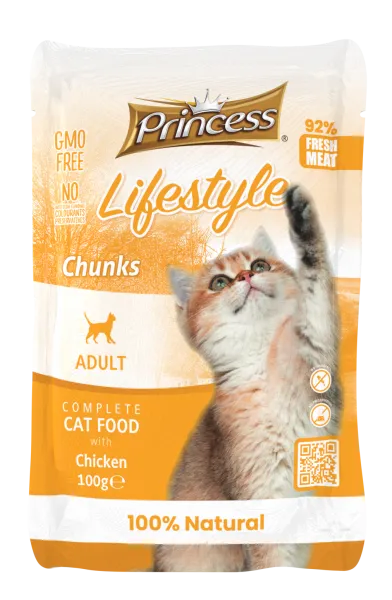 Princess - Пауч за израснали котки, вкусни хапки с пилешко месо, 22 броя в стек