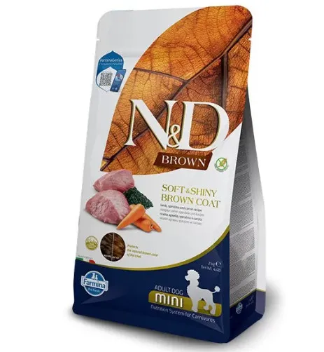 N&D Spirulina Brown Dog Lamb & Carrot Adult MINI – Пълноценна суха храна без зърнени култури за кучета с кафява козина от мини породи над 1 година, с агнешко, спирулина и морков, 2 кг.