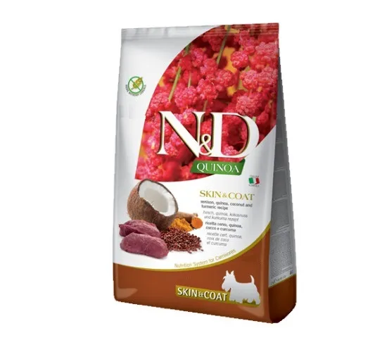 N&D Quinoa Dog Skin & Coat Vension, Coc. AD Med & MAXI - Пълноценна суха храна за израснали кучета от среди и едри породи с еленово масло, киноа, кокос и куркума за здрава кожа и козина, 7 кг.