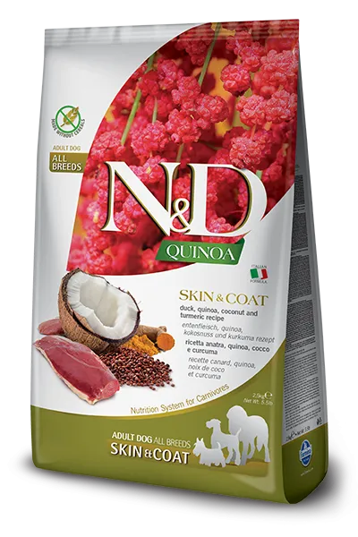 N&D Quinoa Skin & Coat Duck, Coconut – Пълноценна суха храна с киноа за израснали кучета от всички породи при чувствителен стомах, здрава кожа и козина с патешко, кокос и куркума 7 кг.