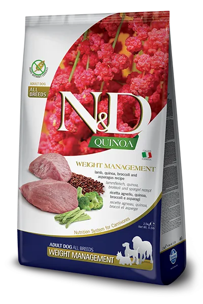 N&D Quinoa Weight Lamb, Broccoli - Пълноценна суха храна за израснали кучета с агнешко, киноа, броколи и аспержи за поддържане и контрол на теглото, 7 кг.