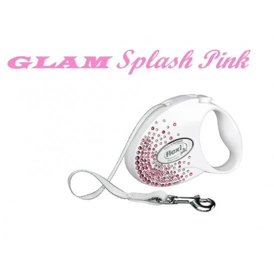 Flexi Swarovski GLAM Splash Pink S - Модерен автоматичен повод за кучета, 3 метра лента, до 12 кг - цвят бял