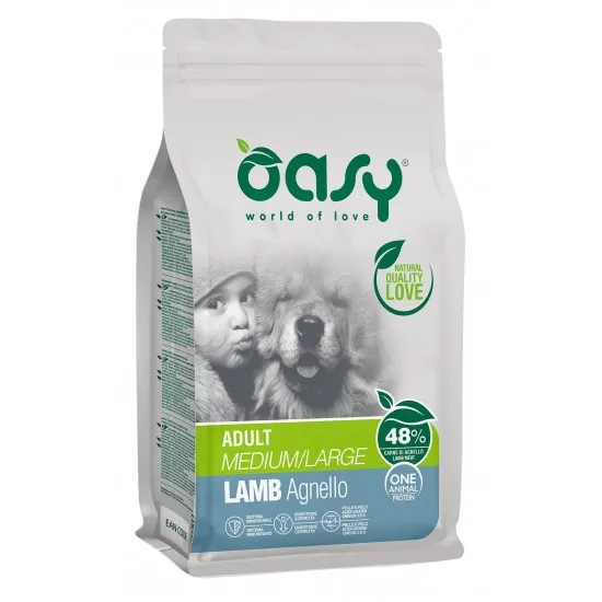 Oasy Lamb Monoprotein Adult - Пълноценна храна за кучета с агнешко месо за всички породи над 12 месеца, 12 кг.
