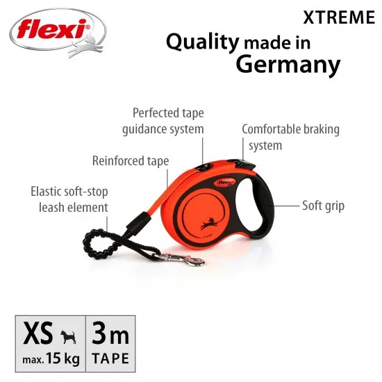 Flexi Xtreme XS - Автоматичен повод за кучета, 3 метра лента, до 15 кг - цвят оранжев 2