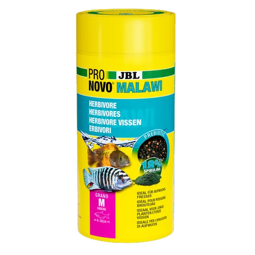 JBL Pronovo Malawi Grano M - Основна храна за аквариумни рибки под формата на гранули размер М за растителноядни цихлиди с размер 8-20 см от езерата Малави и Танганайка.- 1000 мл.