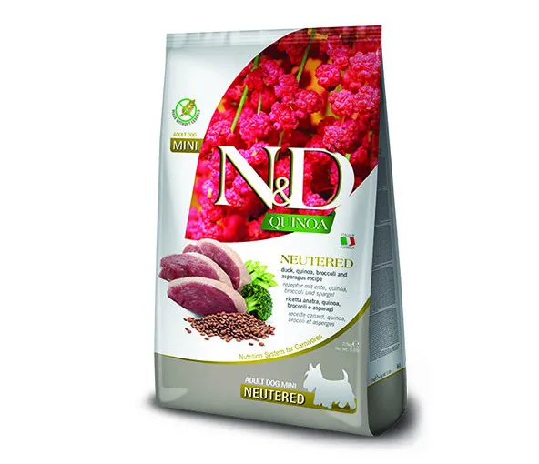 N&D QUINOA Dog Duck Neutred Adult MINI - Пълоценна суха храна за кастрирани кучета над 1 година, без зърнени култуи,с патешко месо , броколи и аспержи, 800 гр.