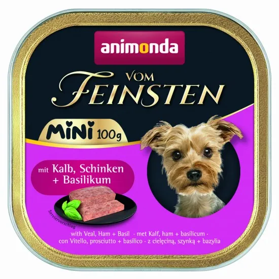 Animonda Vom Feinsten Mini Dog - Пълноценна консервирана храна за дребни породи кучета с телешко, шунка и босилек, 100 гр./4 боя