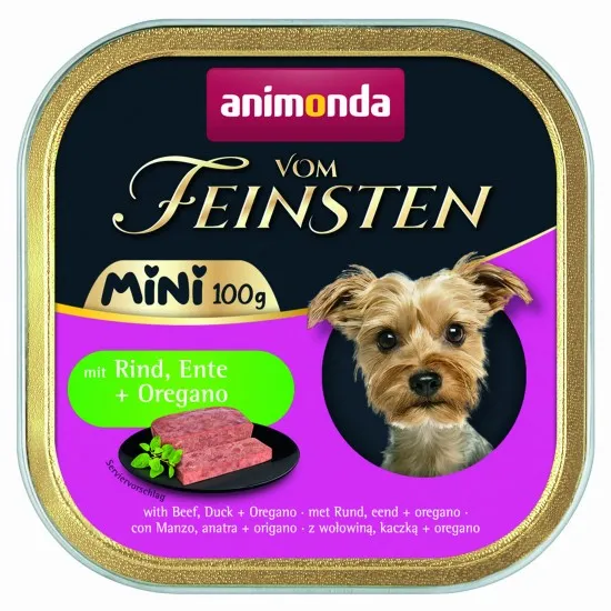 Animonda Vom Feinsten Mini Dog - Пълноценна консервирана храна за дребни породи кучета с говеждо, патешко и риган, 100 гр./4 броя