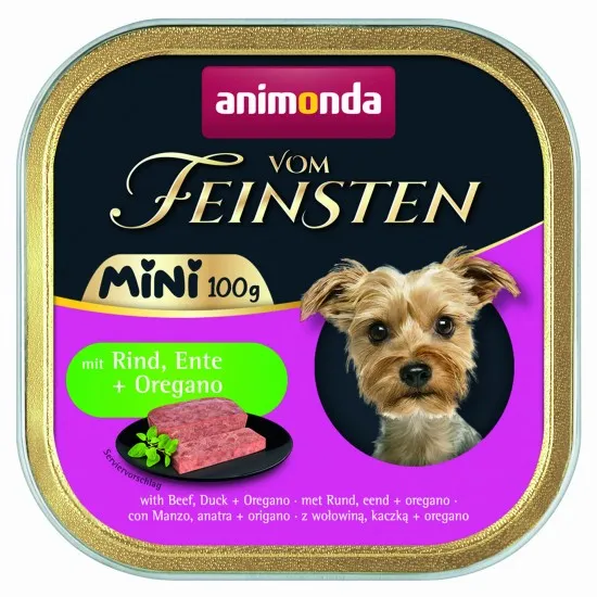 Animonda Vom Feinsten Mini Dog - Пълноценна консервирана храна за дребни породи кучета с говеждо, патешко и риган, 100 гр./4 броя